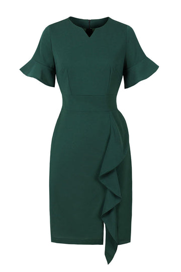 Vestido de bodycon verde escuro dos anos 60 com folhos
